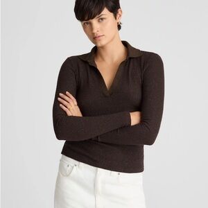 Madewell Sparkle Long-Sleeve Polo Top - brown lurex molasses NWT sz L